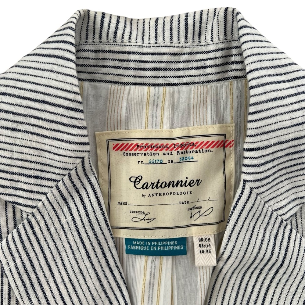 Cartonnier by Anthropologie Blue Striped 100% Linen Blazer Jacket SZ 4 - Picture 7 of 11
